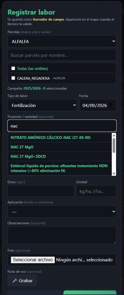 Formulario Registrar labor de GeoRED, con el tipo Fertilización y el buscador de producto